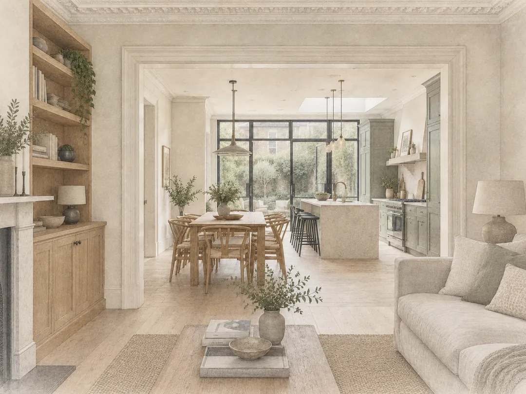 Open-plan Victorian living room opening into a kitchen and dining space with Crittall doors to the garden