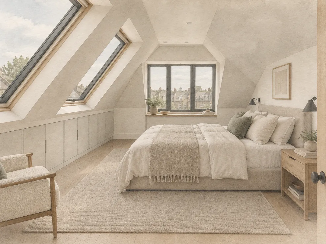 Loft conversion bedroom with roof windows, built-in eaves storage and a dormer window over London rooftops